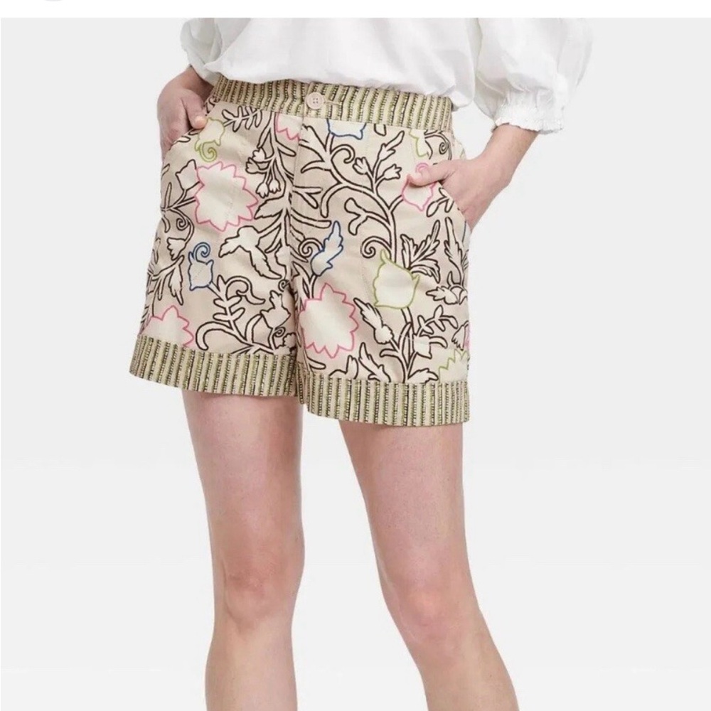 High Waist Cream and Pink Shorts with Intricate Pattern